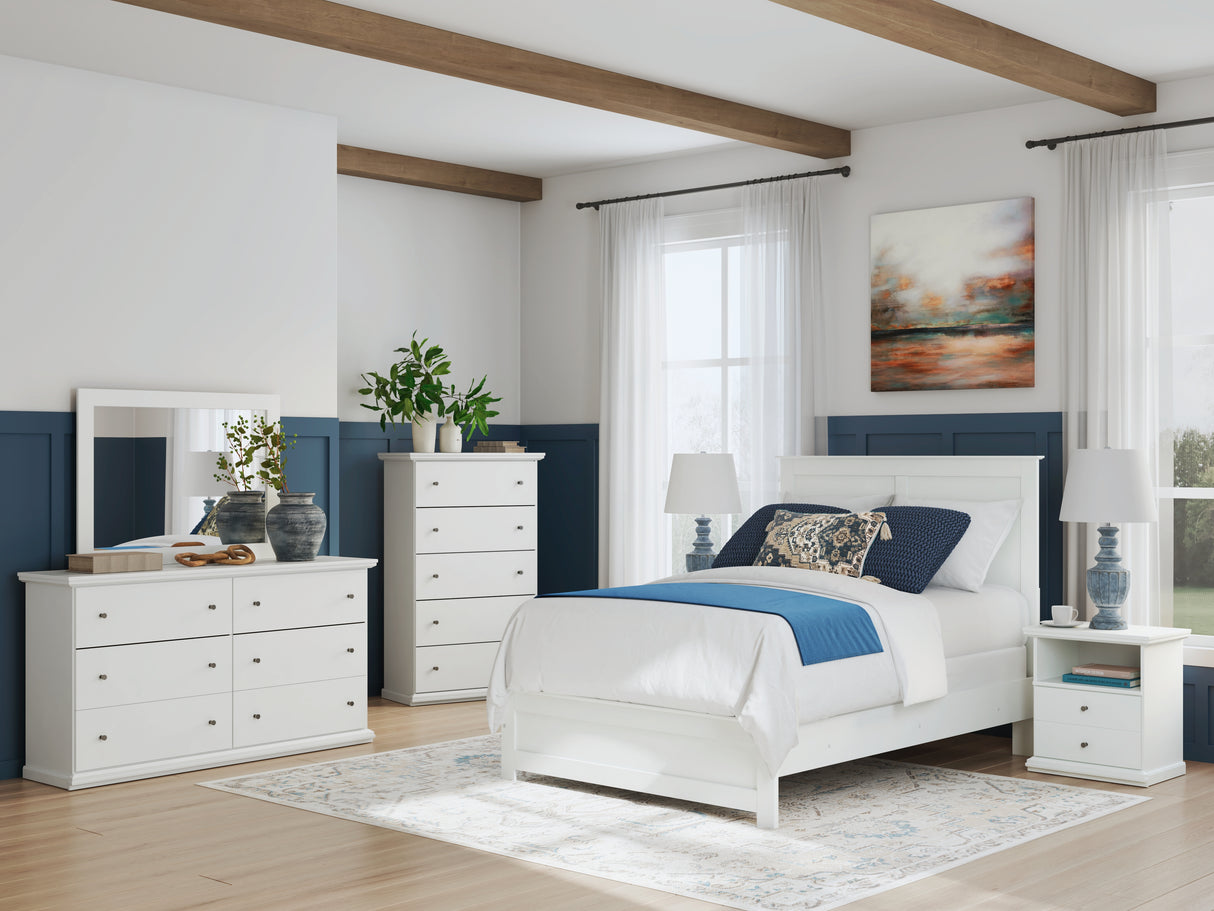 Bostwick Shoals Full Panel Bed with Mirrored Dresser, Chest and 2 Nightstands in White from Ashley - Luna Furniture