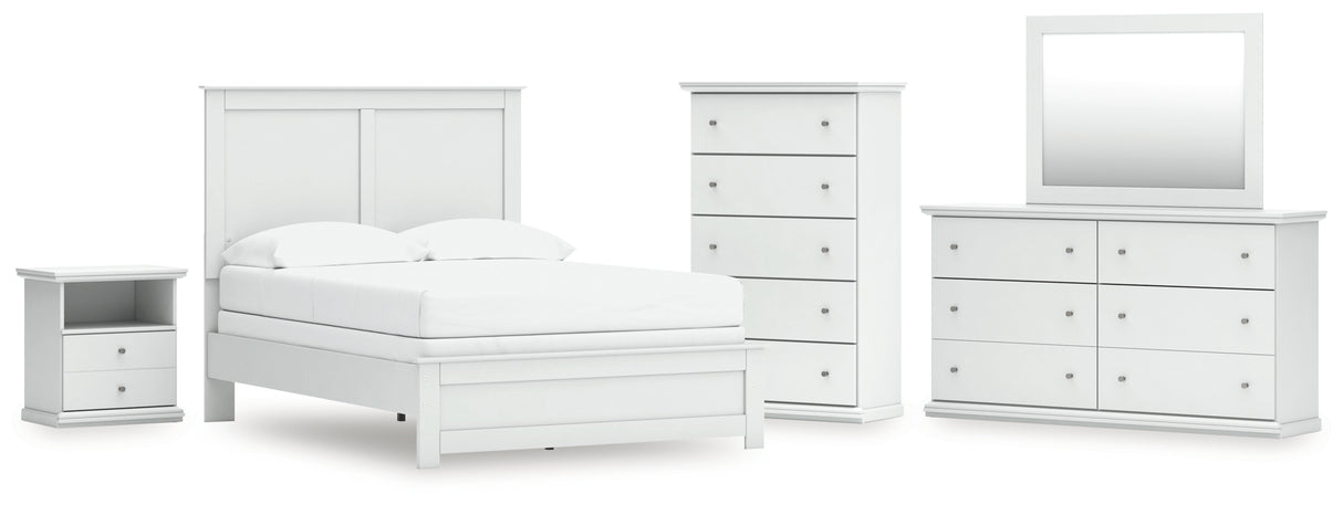 Bostwick Shoals Full Panel Bed with Mirrored Dresser, Chest and Nightstand in White from Ashley - Luna Furniture