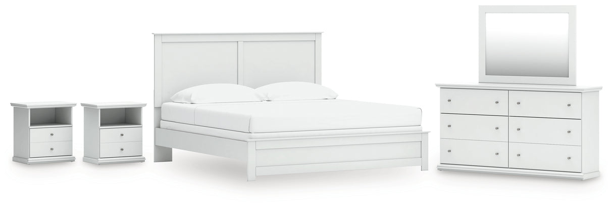 Bostwick Shoals King Panel Bed with Mirrored Dresser and 2 Nightstands in White from Ashley - Luna Furniture