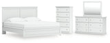 Bostwick Shoals King Panel Bed with Mirrored Dresser and Chest in White from Ashley - Luna Furniture