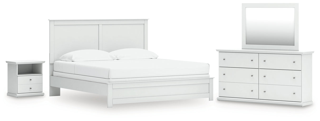 Bostwick Shoals King Panel Bed with Mirrored Dresser and Nightstand in White from Ashley - Luna Furniture