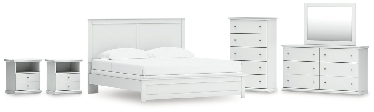 Bostwick Shoals King Panel Bed with Mirrored Dresser, Chest and 2 Nightstands in White from Ashley - Luna Furniture