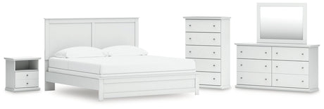 Bostwick Shoals King Panel Bed with Mirrored Dresser, Chest and Nightstand in White from Ashley - Luna Furniture