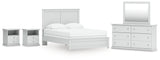 Bostwick Shoals Queen Panel Bed with Mirrored Dresser and 2 Nightstands in White from Ashley - Luna Furniture