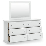 Bostwick Shoals Queen Panel Bed with Mirrored Dresser, Chest and 2 Nightstands in White from Ashley - Luna Furniture