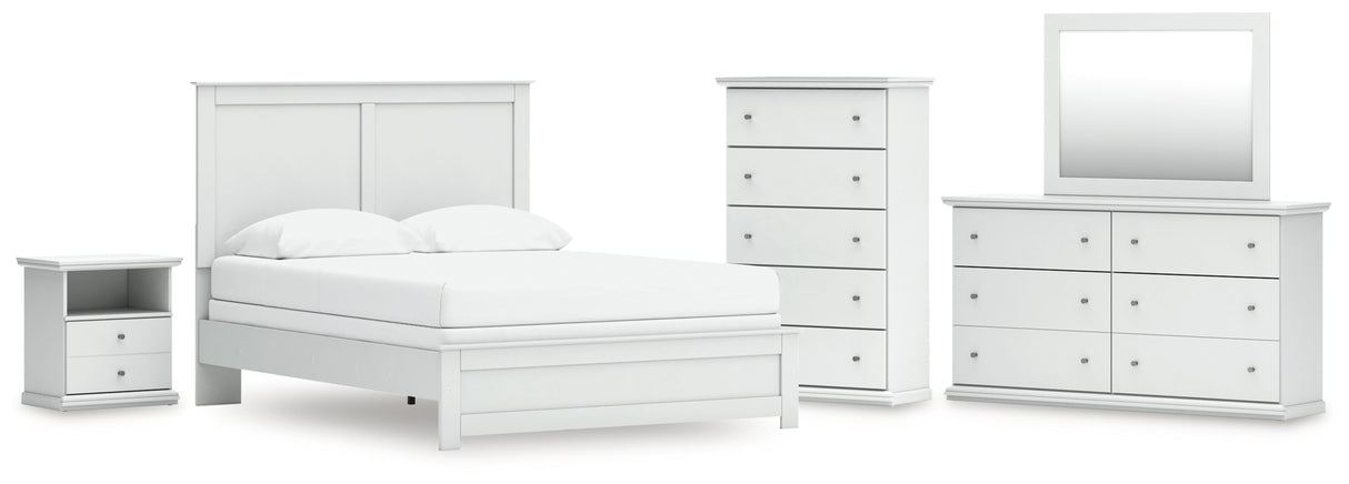 Bostwick Shoals Queen Panel Bed with Mirrored Dresser, Chest and Nightstand in White from Ashley - Luna Furniture