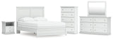 Bostwick Shoals Queen Panel Bed with Mirrored Dresser, Chest and Nightstand in White from Ashley - Luna Furniture