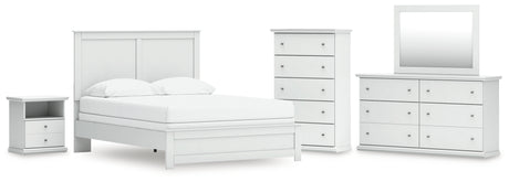 Bostwick Shoals Queen Panel Bed with Mirrored Dresser, Chest and Nightstand in White from Ashley - Luna Furniture