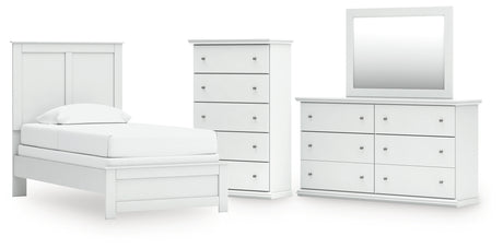 Bostwick Shoals Twin Panel Bed with Mirrored Dresser and Chest in White from Ashley - Luna Furniture
