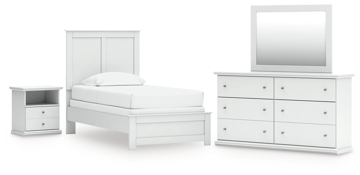 Bostwick Shoals Twin Panel Bed with Mirrored Dresser and Nightstand in White from Ashley - Luna Furniture