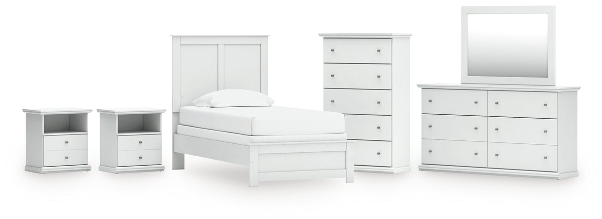 Bostwick Shoals Twin Panel Bed with Mirrored Dresser, Chest and 2 Nightstands in White from Ashley - Luna Furniture