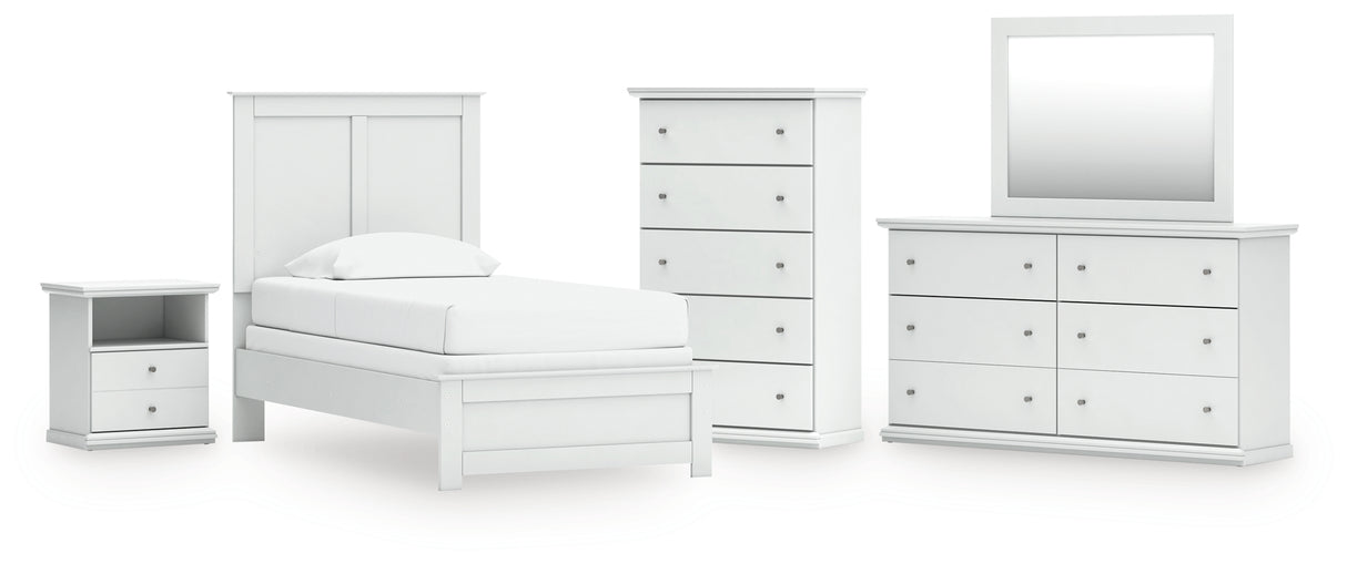 Bostwick Shoals Twin Panel Bed with Mirrored Dresser, Chest and Nightstand in White from Ashley - Luna Furniture