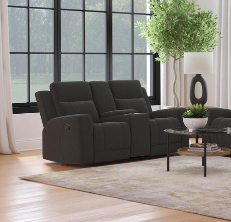 Brentwood Dark Charcoal Upholstered Motion Reclining Loveseat with Console from Coaster - Luna Furniture