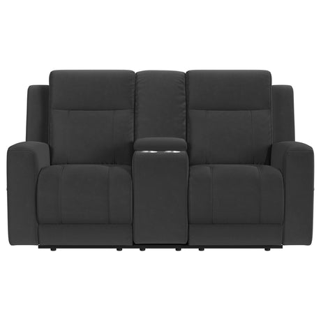 Brentwood Dark Charcoal Upholstered Motion Reclining Loveseat with Console from Coaster - Luna Furniture