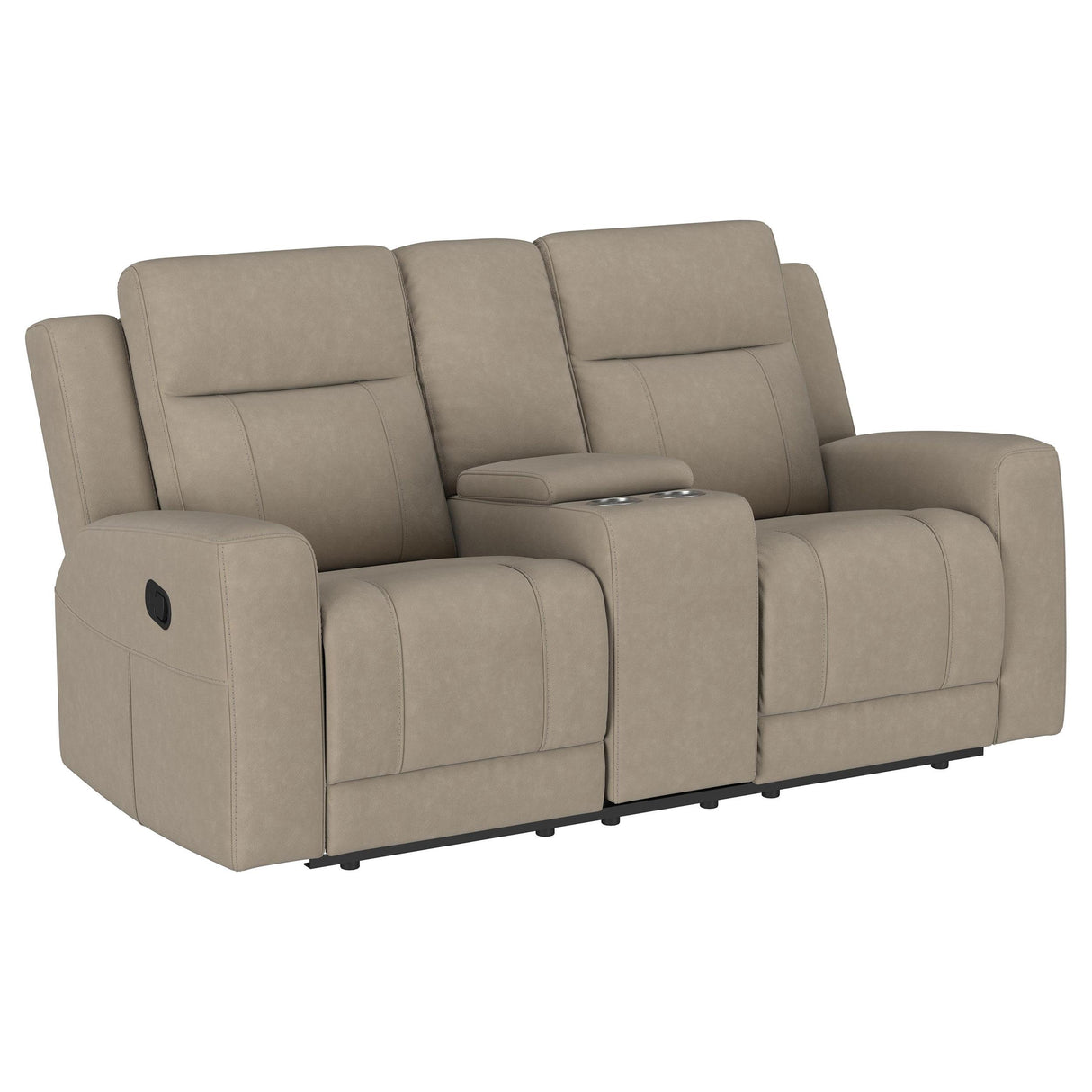 Brentwood Taupe Upholstered Motion Reclining Loveseat with Console from Coaster - Luna Furniture