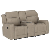 Brentwood Taupe Upholstered Motion Reclining Loveseat with Console from Coaster - Luna Furniture