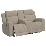 Brentwood Taupe Upholstered Motion Reclining Loveseat with Console from Coaster - Luna Furniture