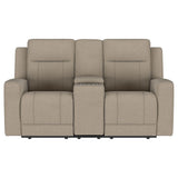 Brentwood Taupe Upholstered Motion Reclining Loveseat with Console from Coaster - Luna Furniture