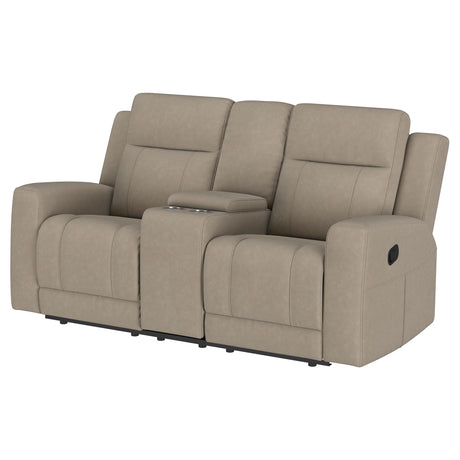 Brentwood Taupe Upholstered Motion Reclining Loveseat with Console from Coaster - Luna Furniture