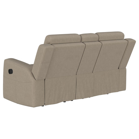 Brentwood Taupe Upholstered Motion Reclining Loveseat with Console from Coaster - Luna Furniture