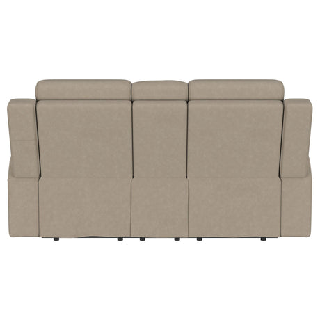 Brentwood Taupe Upholstered Motion Reclining Loveseat with Console from Coaster - Luna Furniture