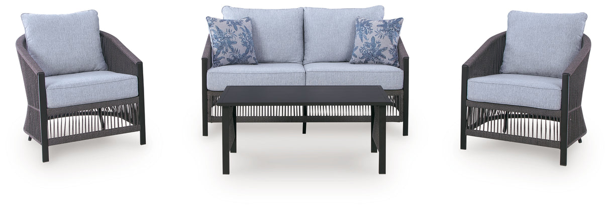 Bridges Beach Gray Outdoor Love/Chairs/Table Set (Set of 4) from Ashley - Luna Furniture