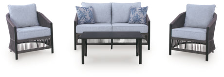 Bridges Beach Gray Outdoor Love/Chairs/Table Set (Set of 4) from Ashley - Luna Furniture