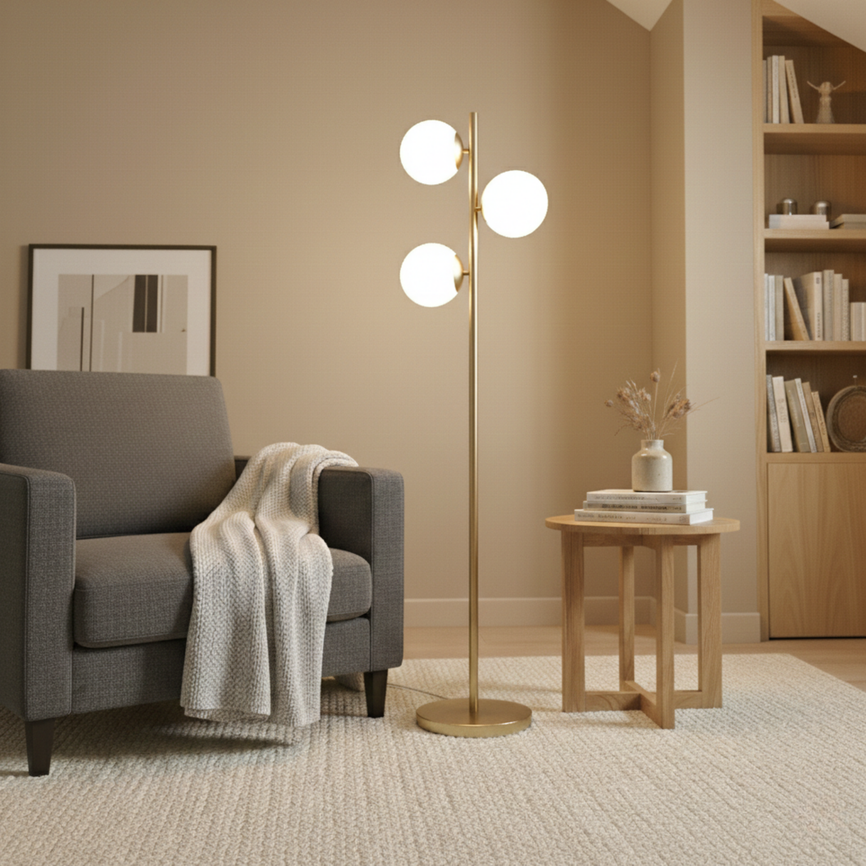 Brilliance Modern Gold Brush Floor Lamp, Opal Glass Shades and Round Metal Base from Ashcroft Furniture - Luna Furniture