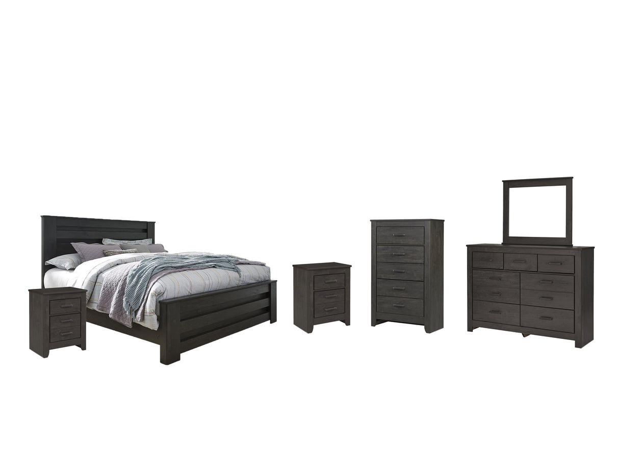 Brinxton King Panel Bed with Mirrored Dresser, Chest and 2 Nightstands in Charcoal from Ashley - Luna Furniture
