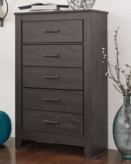 Brinxton King Panel Bed with Mirrored Dresser, Chest and 2 Nightstands in Charcoal from Ashley - Luna Furniture