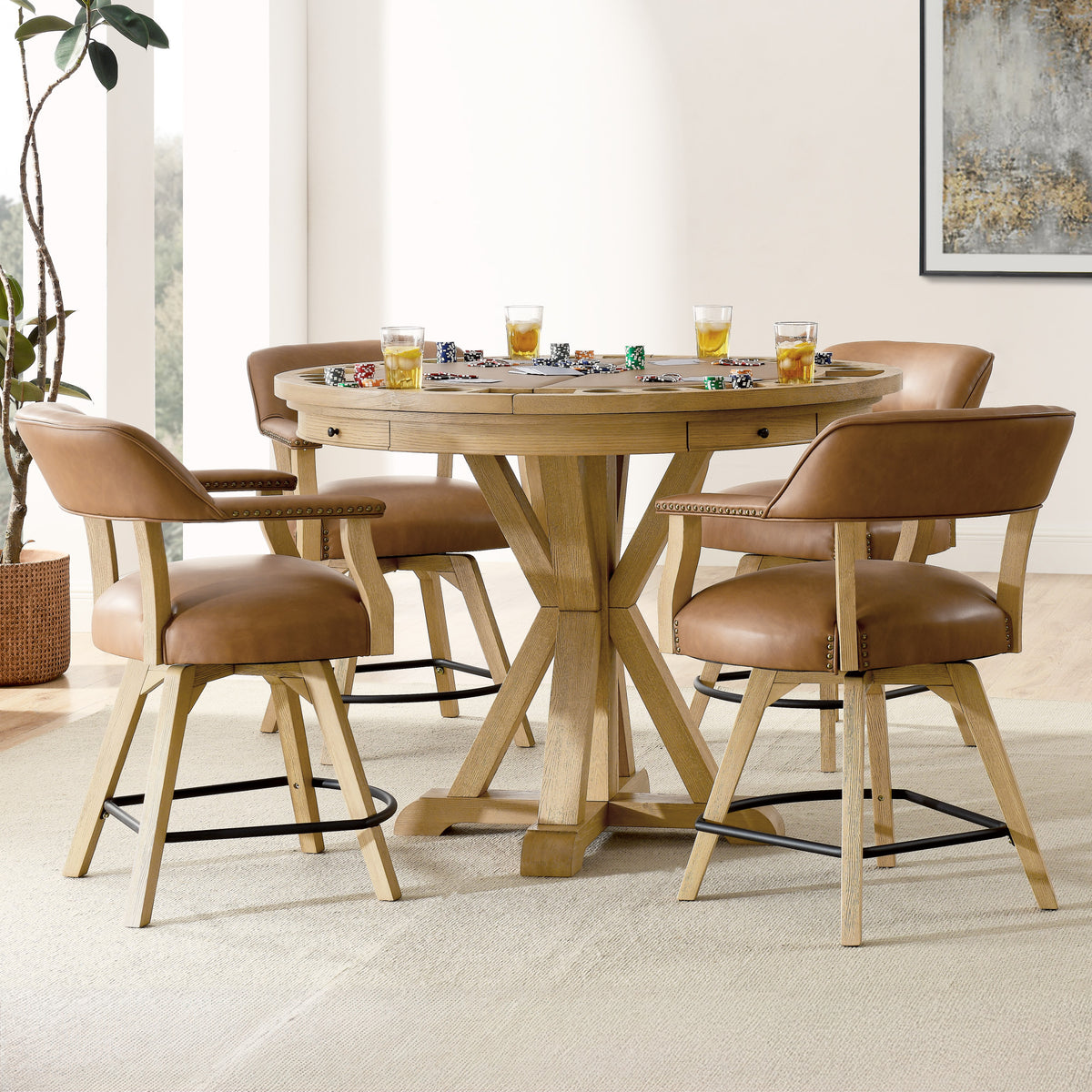Rylie Natural 48" Round Counter Dining Table with 4 Drawers and Folding Game Top from Steve Silver - Luna Furniture