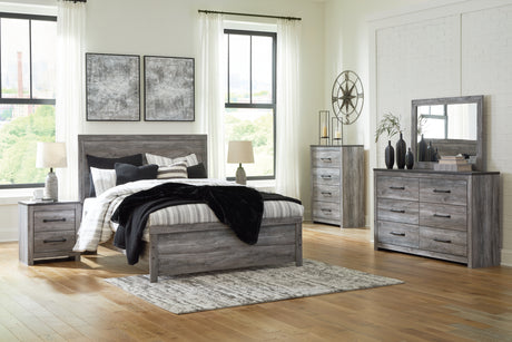Bronyan Queen Panel Bed with Mirrored Dresser and 2 Nightstands in Dark Gray from Ashley - Luna Furniture