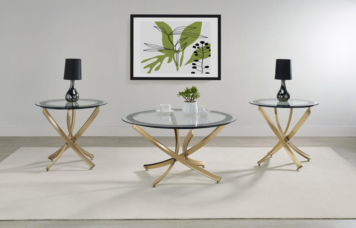 Brooke Rose Brass 3-Piece Round Coffee and End Table Set from Coaster - Luna Furniture