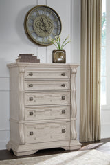 Bruchandi California King Upholstered Panel Bed with Dresser and Chest in Antique White from Ashley Furniture - Luna Furniture