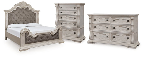 Bruchandi California King Upholstered Panel Bed with Dresser and Chest in Antique White from Ashley Furniture - Luna Furniture