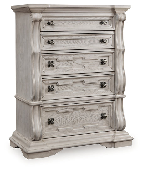 Bruchandi California King Upholstered Panel Bed with Dresser and Chest in Antique White from Ashley - Luna Furniture