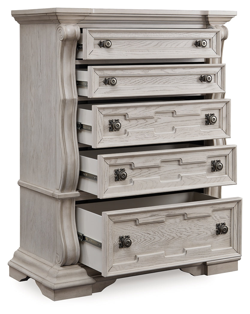 Bruchandi California King Upholstered Panel Bed with Dresser and Chest in Antique White from Ashley Furniture - Luna Furniture