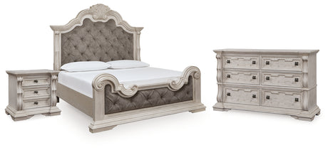 Bruchandi California King Upholstered Panel Bed with Dresser and Nightstand in Antique White from Ashley Furniture - Luna Furniture