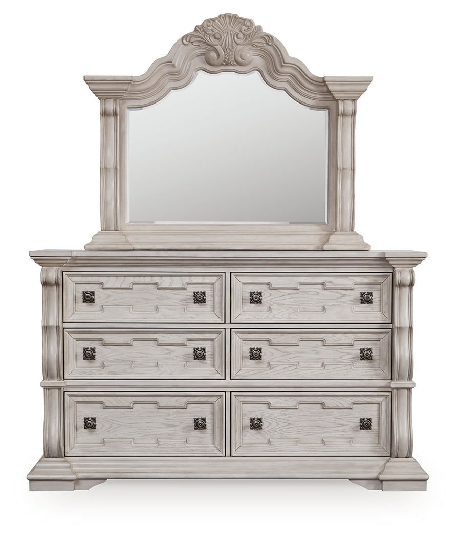 Bruchandi California King Upholstered Panel Bed with Mirrored Dresser and Nightstand in Antique White from Ashley Furniture - Luna Furniture
