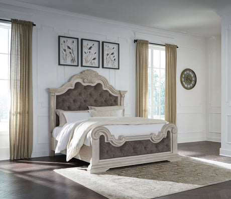 Bruchandi California King Upholstered Panel Bed with Mirrored Dresser and Nightstand in Antique White from Ashley - Luna Furniture