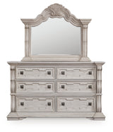Bruchandi California King Upholstered Panel Bed with Mirrored Dresser in Antique White from Ashley - Luna Furniture