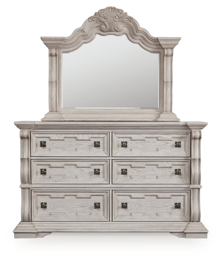 Bruchandi California King Upholstered Panel Bed with Mirrored Dresser in Antique White from Ashley - Luna Furniture