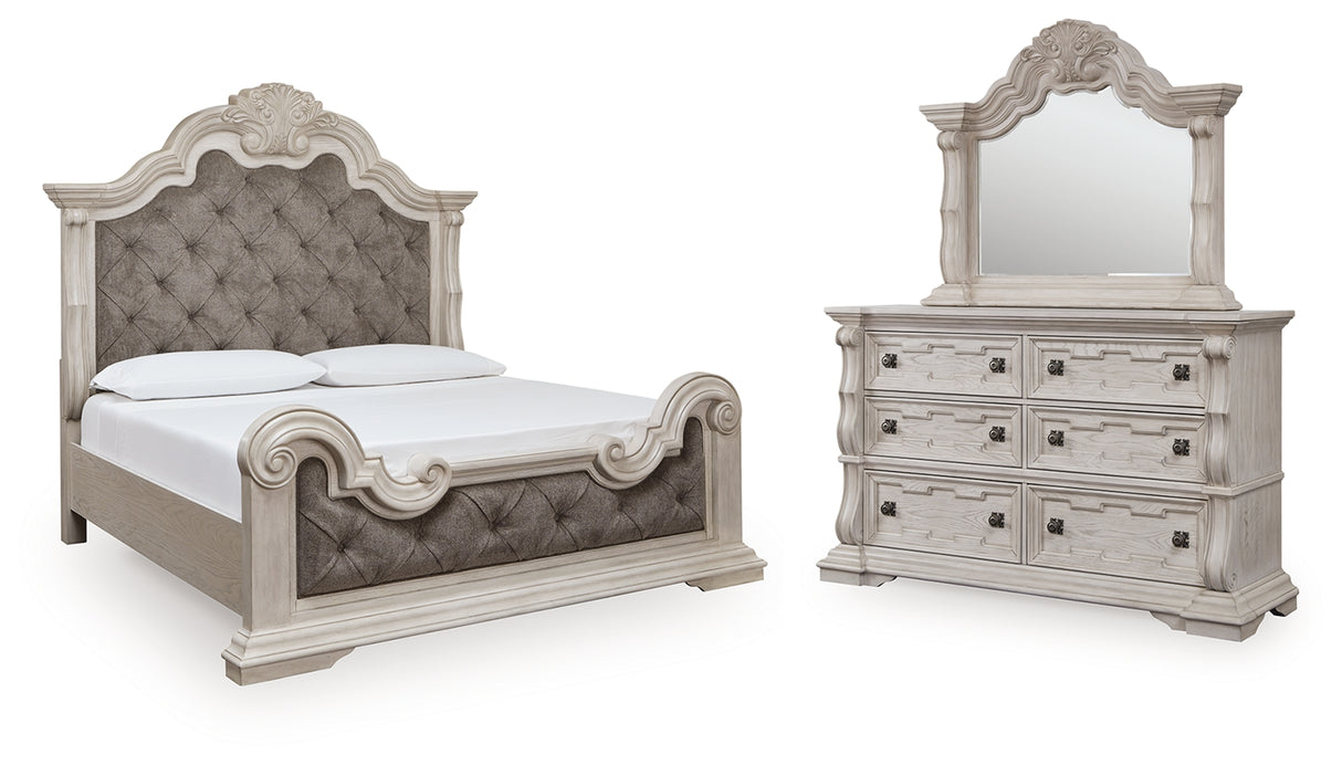 Bruchandi California King Upholstered Panel Bed with Mirrored Dresser in Antique White from Ashley - Luna Furniture