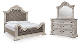 Bruchandi California King Upholstered Panel Bed with Mirrored Dresser in Antique White from Ashley - Luna Furniture