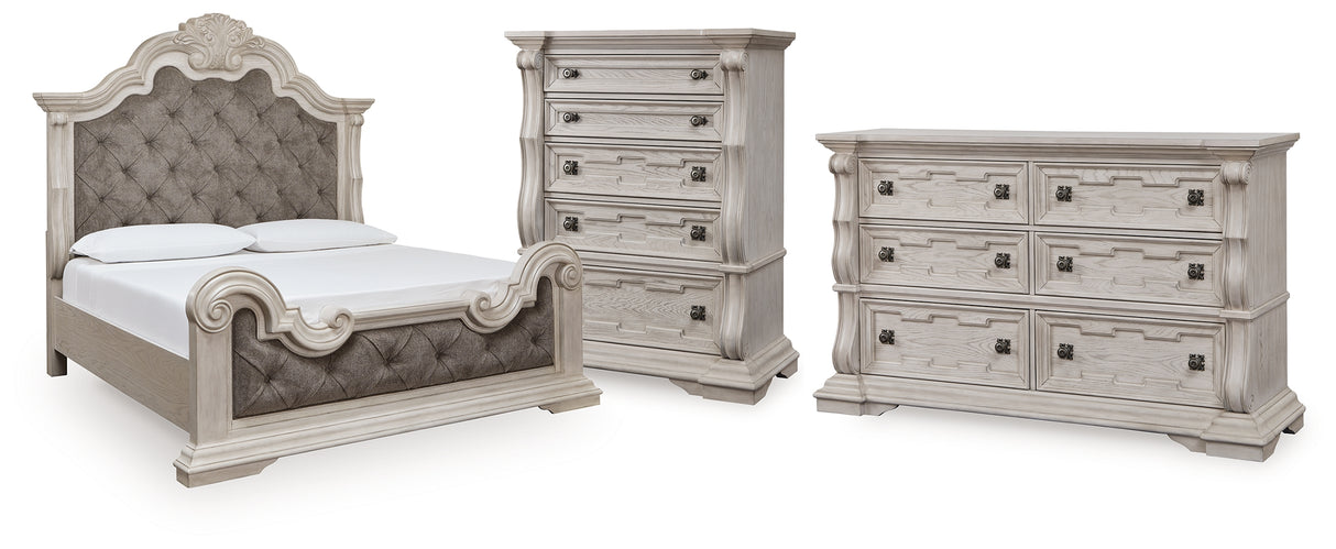 Bruchandi King Upholstered Panel Bed with Dresser and Chest in Antique White from Ashley Furniture - Luna Furniture