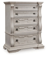 Bruchandi King Upholstered Panel Bed with Dresser and Chest in Antique White from Ashley Furniture - Luna Furniture