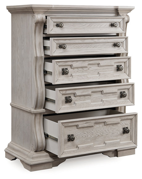 Bruchandi King Upholstered Panel Bed with Dresser and Chest in Antique White from Ashley - Luna Furniture
