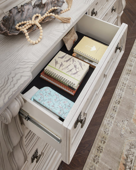 Bruchandi King Upholstered Panel Bed with Dresser and Nightstand in Antique White from Ashley - Luna Furniture
