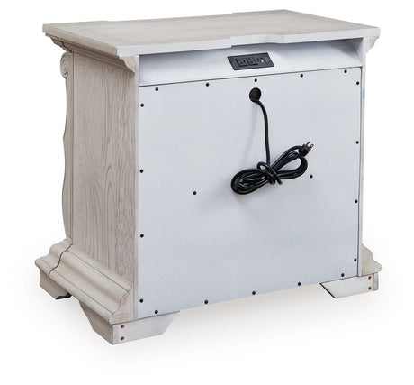 Bruchandi King Upholstered Panel Bed with Mirrored Dresser and Nightstand in Antique White from Ashley - Luna Furniture
