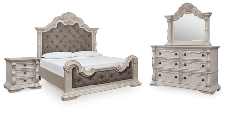 Bruchandi King Upholstered Panel Bed with Mirrored Dresser and Nightstand in Antique White from Ashley Furniture - Luna Furniture